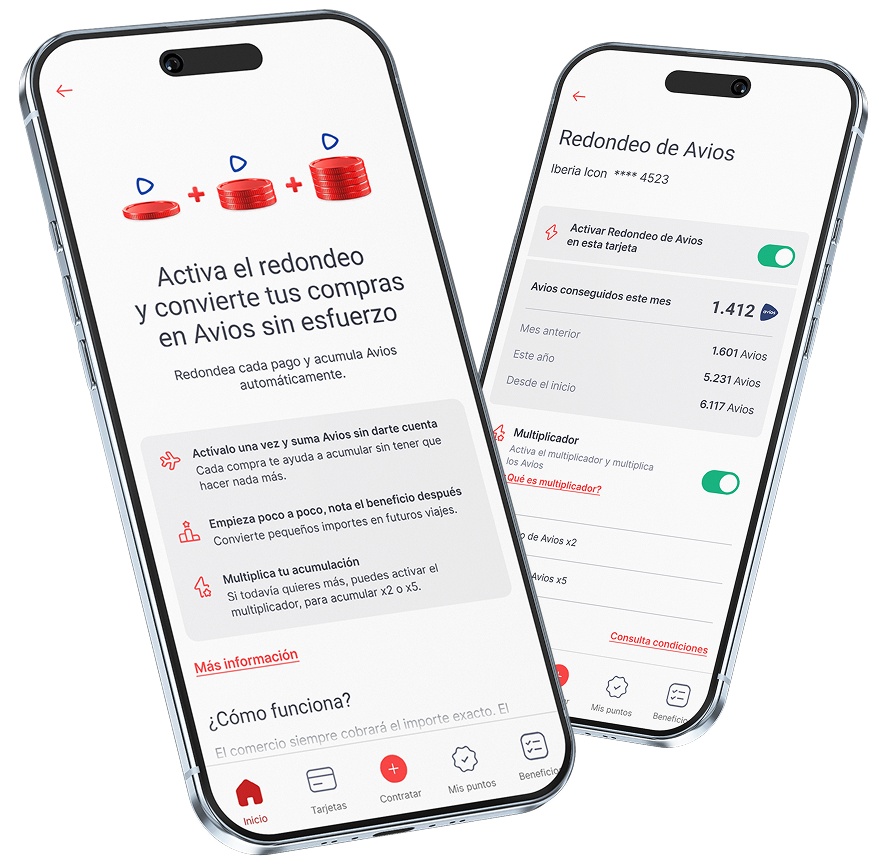 Pantallas del servicio Redondeo de Avios en la app de Iberia Cards