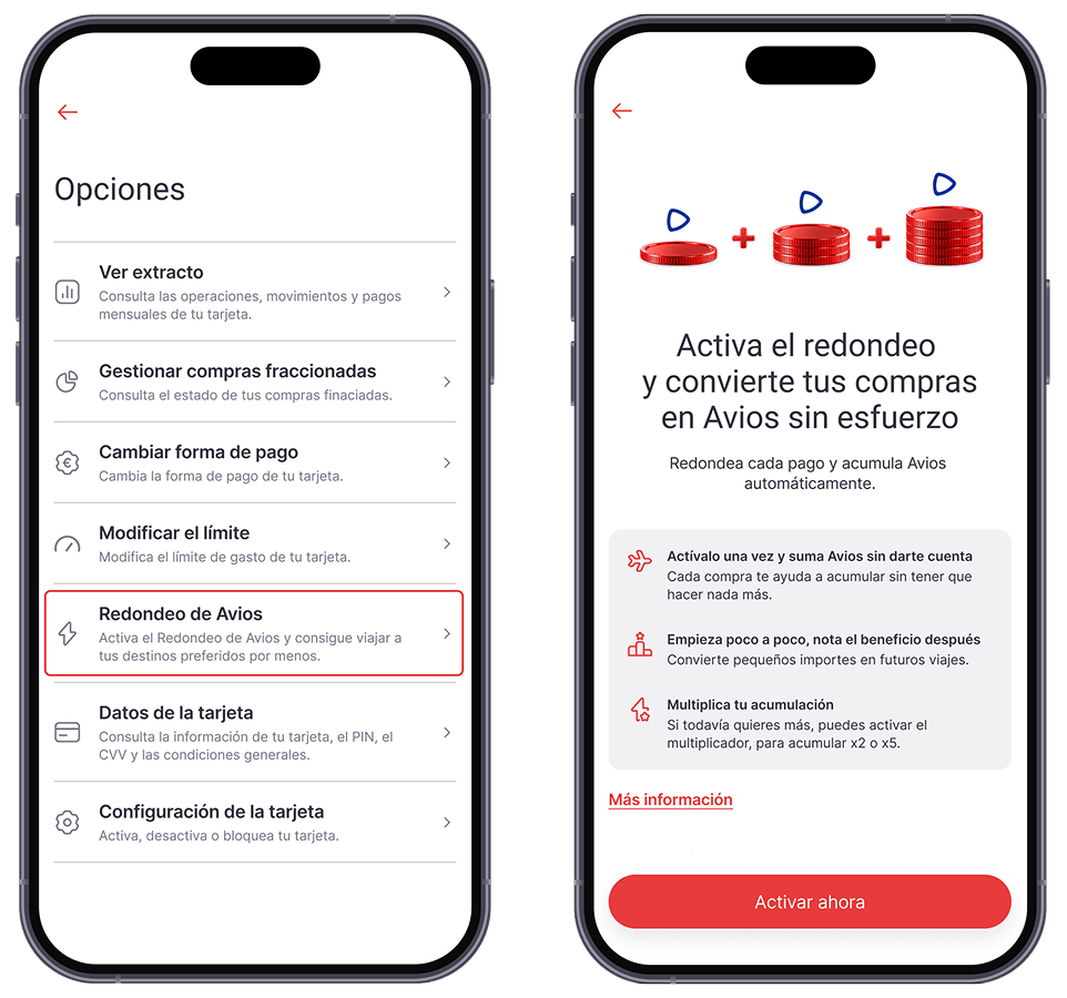 Acceso a Redondeo de Avios desde las opciones de la app